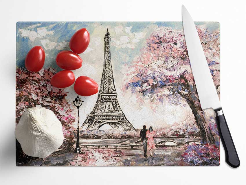 Eiffel Tower Pink Tree Glass Chopping Board