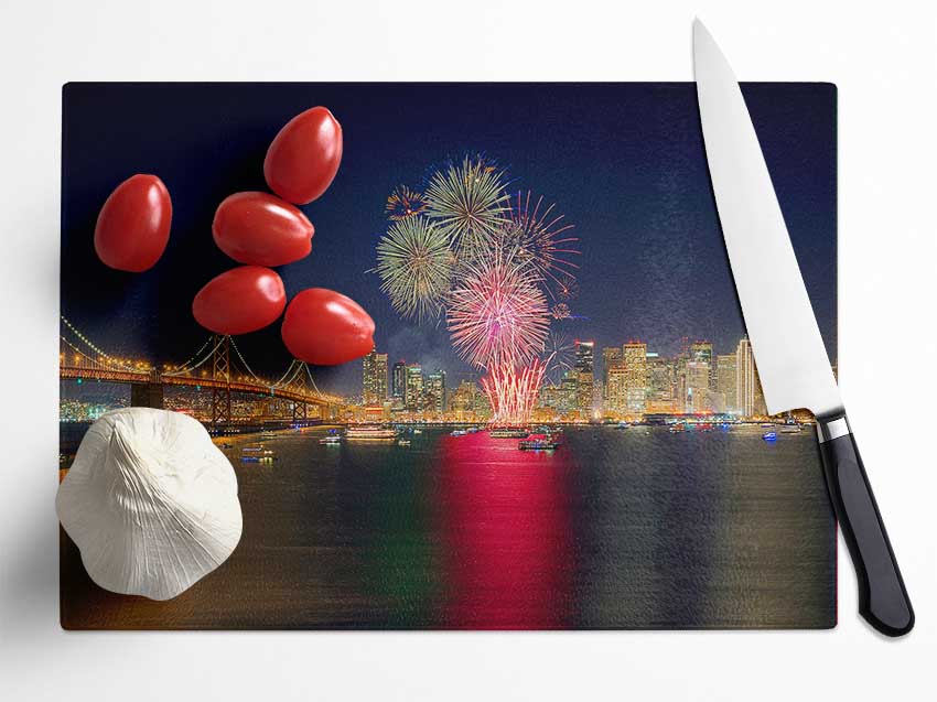 Fireworks Over The Golden Gate Bridge Glass Chopping Board