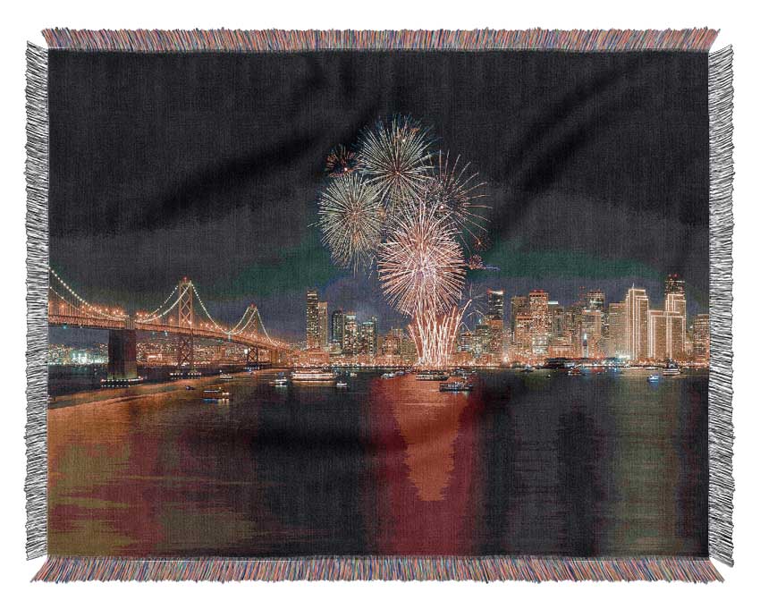 Fireworks Over The Golden Gate Bridge Woven Blanket