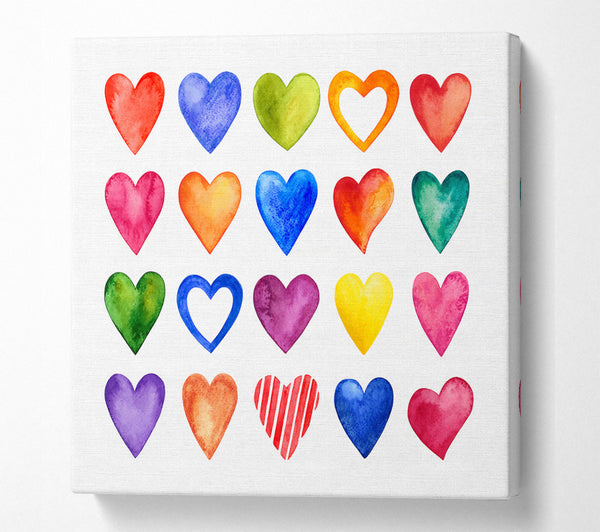 A Square Canvas Print Showing Colourful hearts Square Wall Art