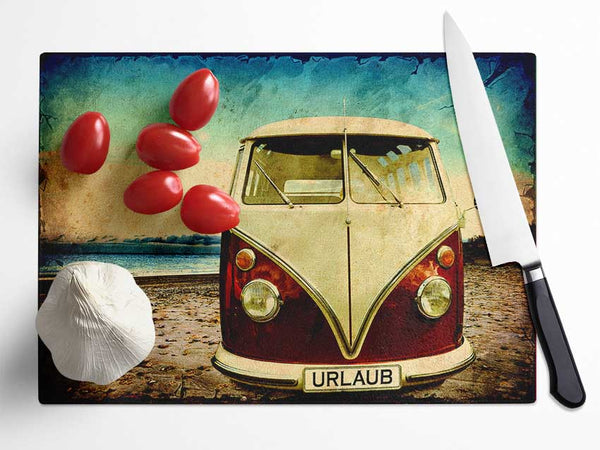 VW Camper Van At The Beach Glass Chopping Board