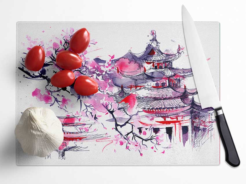 Chinese Village Red And Glass Chopping Board