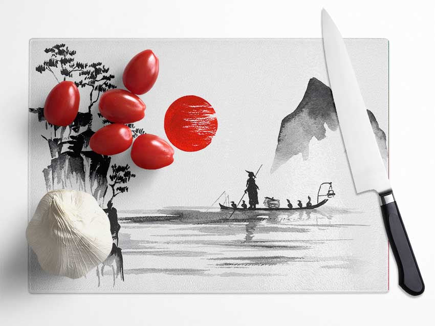 Chinese Fisherman Under The Red Sun Glass Chopping Board