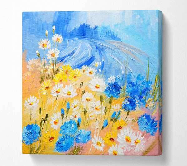 A Square Canvas Print Showing Daisy Yellow Blues Square Wall Art