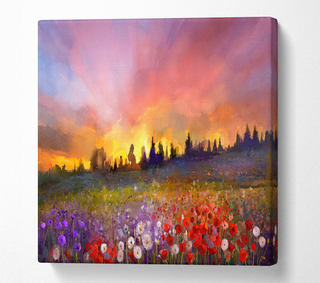 A Square Canvas Print Showing Sun Break Over The Wild Flowers Square Wall Art