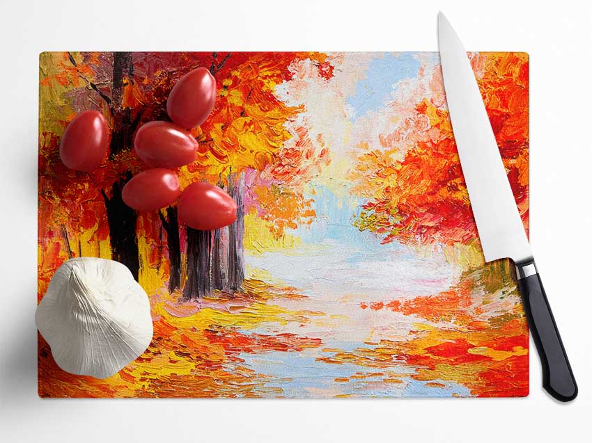 Autumn Orange Path Glass Chopping Board