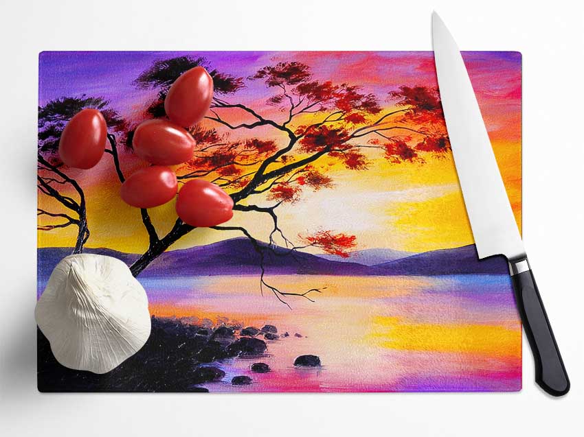 Sunset Lake Tree Glass Chopping Board