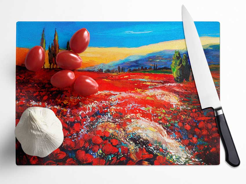 Red Tulip Paradise Glass Chopping Board