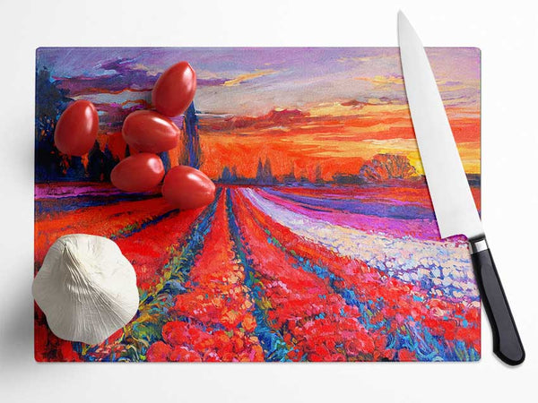 Red Tulip Field Sunset Glass Chopping Board