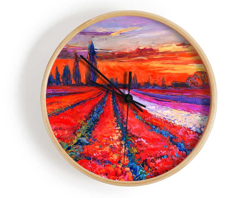 Red Tulip Field Sunset Clock - Wallart-Direct UK