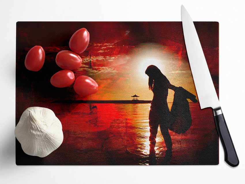 Red Sunset Ocean Walk Glass Chopping Board