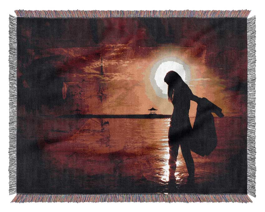 Red Sunset Ocean Walk Woven Blanket