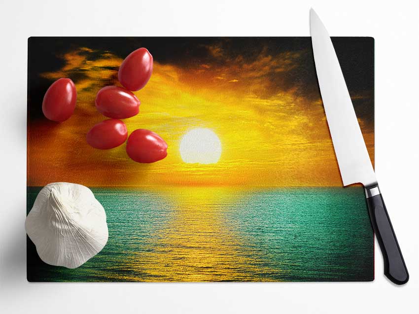 Orange Sun Reflections On The Green Ocean Glass Chopping Board