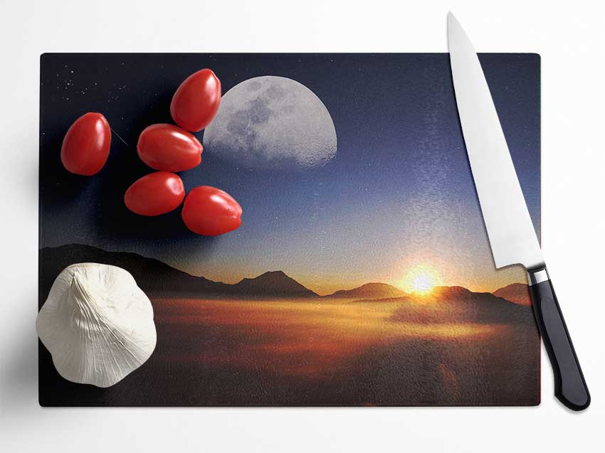 Moon Above The Mountain Sunset Glass Chopping Board