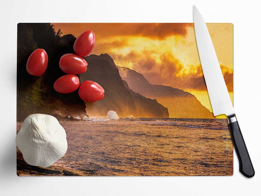 Cliff sunset crashing ocean Glass Chopping Board