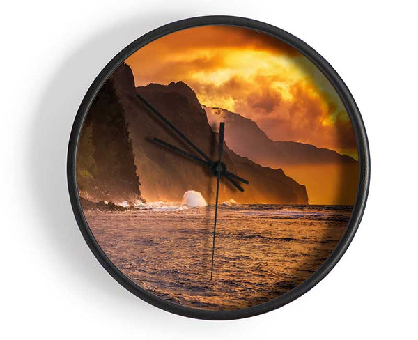 Cliff sunset crashing ocean Clock - Wallart-Direct UK