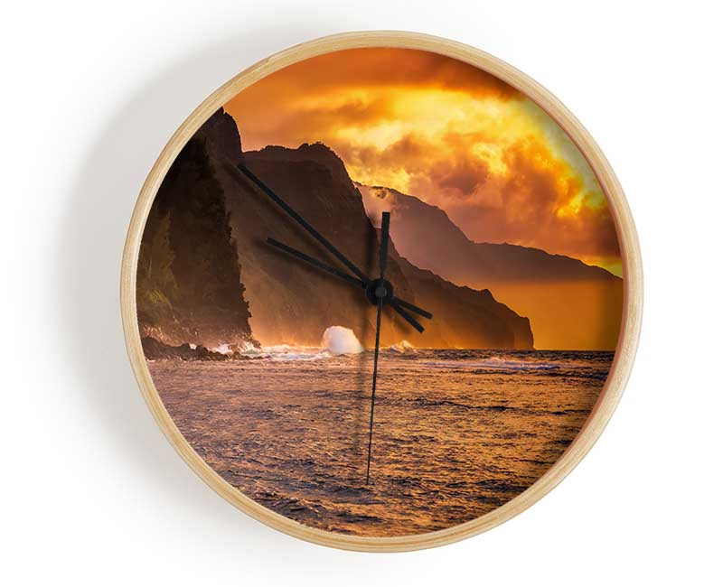 Cliff sunset crashing ocean Clock - Wallart-Direct UK