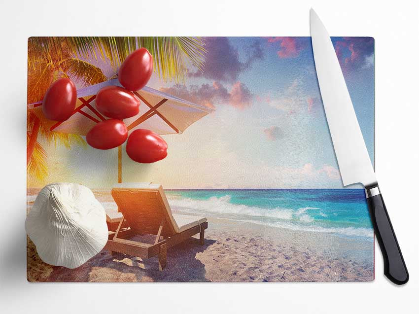 Sun chairs by the sea Glass Chopping Board