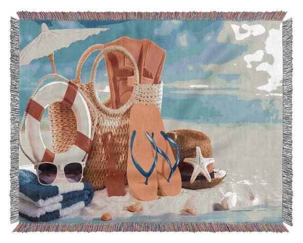 On the beach fun Woven Blanket