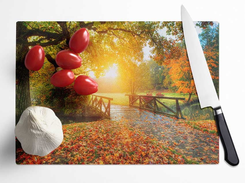 Woodland Bridge Autumn tranqulity Glass Chopping Board