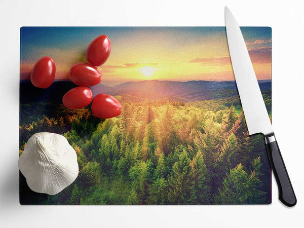 Sunrays over a green woodland Glass Chopping Board