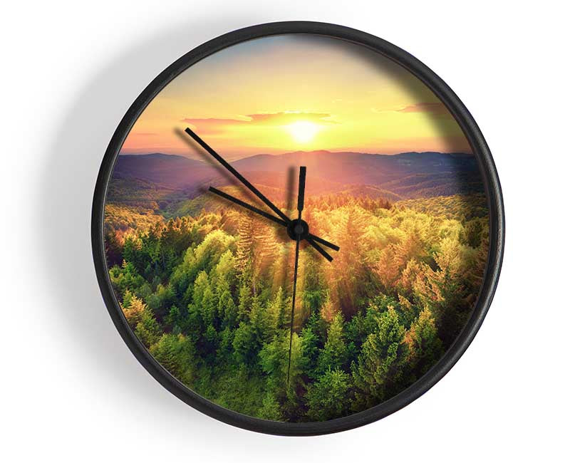 Sunrays over a green woodland Clock - Wallart-Direct UK