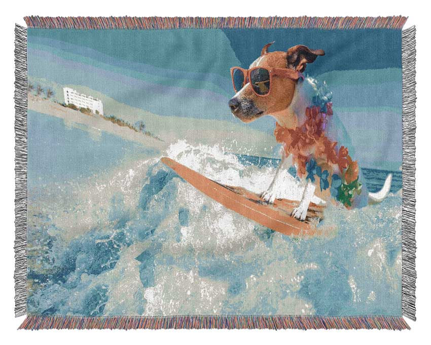 Dog with sunglasses surfing Woven Blanket