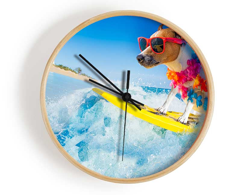 Dog with sunglasses surfing Clock - Wallart-Direct UK