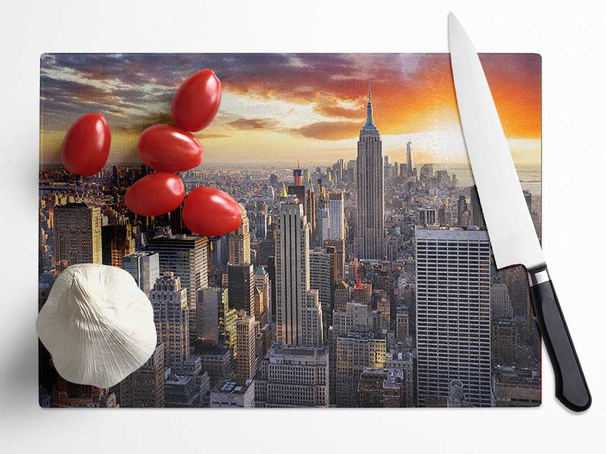 City in the sun rise skyscrapers Glass Chopping Board