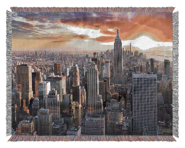 City in the sun rise skyscrapers Woven Blanket