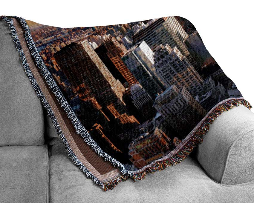 City in the sun rise skyscrapers Woven Blanket