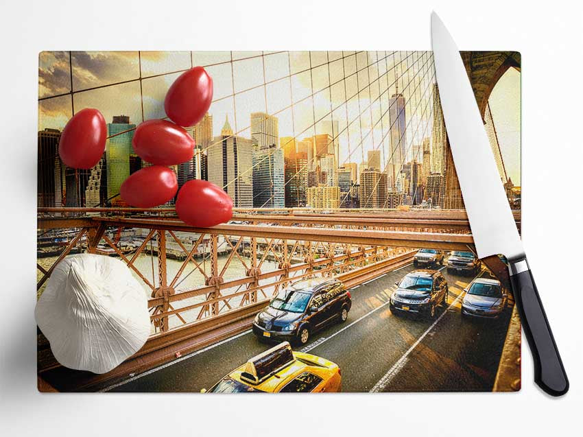 NYC bridge with traffic Glass Chopping Board