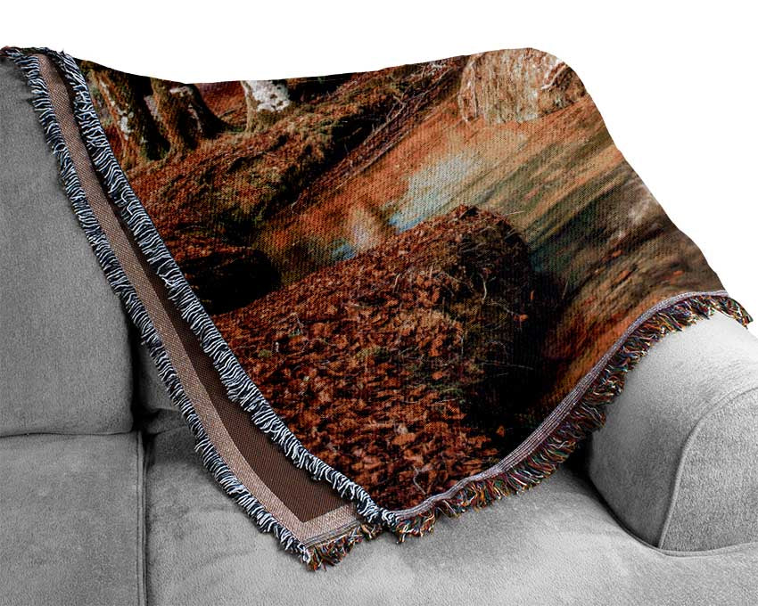 Gentle shallow stream woodland Woven Blanket