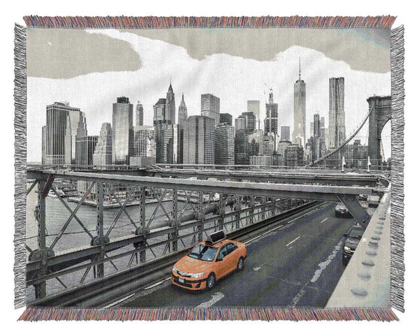 New York on the bridge yellow cab Woven Blanket