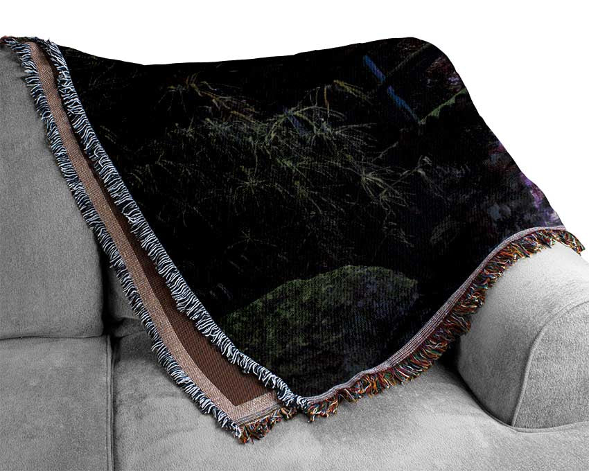 Little foot bridge in the lilac forest Woven Blanket