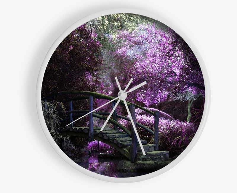 Little foot bridge in the lilac forest Clock - Wallart-Direct UK