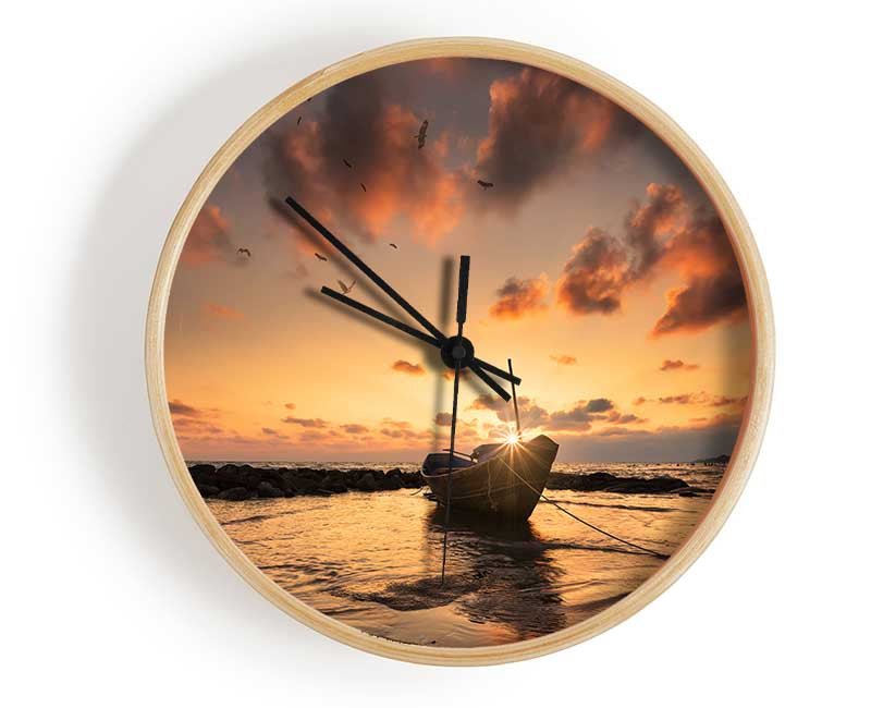 Sunset finishing boat on the beach Clock - Wallart-Direct UK