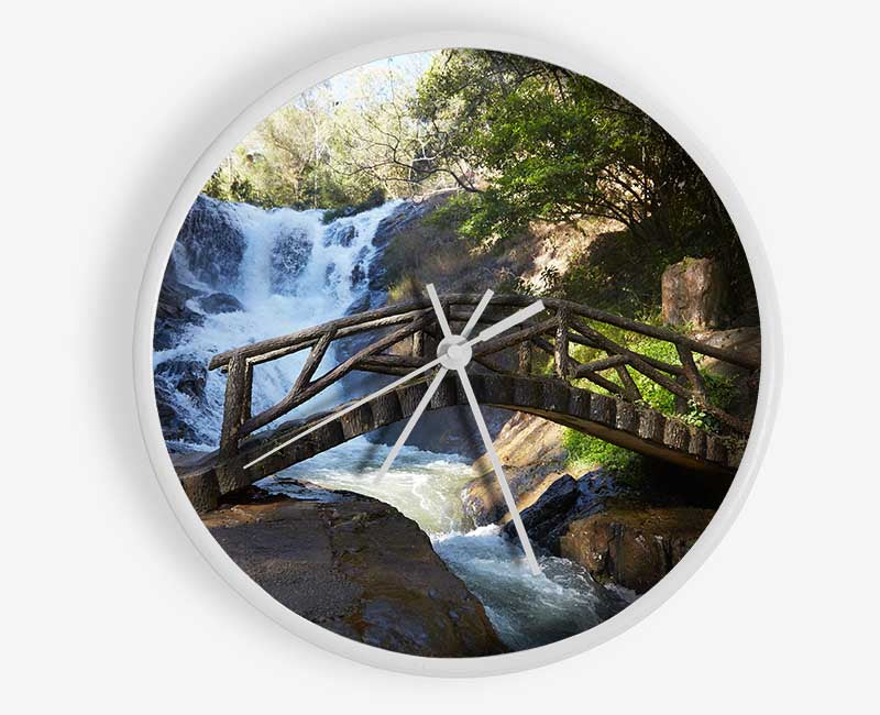 Rustic made bridge by a waterfall Clock - Wallart-Direct UK