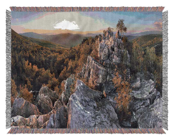 Rocky forest mountain Woven Blanket