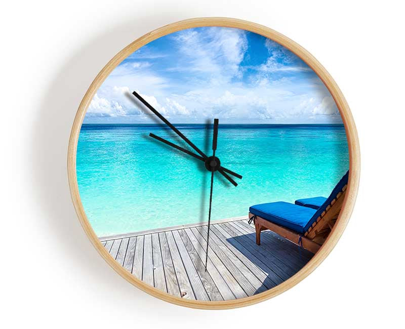 sunchairs on decking on the beach Clock - Wallart-Direct UK