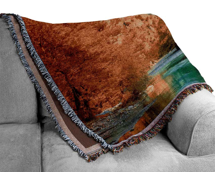 bridge over the autumn lake Woven Blanket