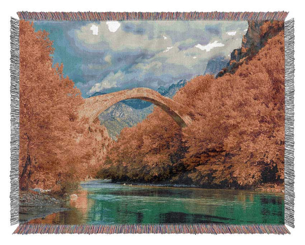 bridge over the autumn lake Woven Blanket