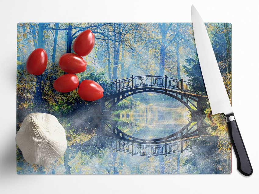 Blue hue bridge on lake Glass Chopping Board