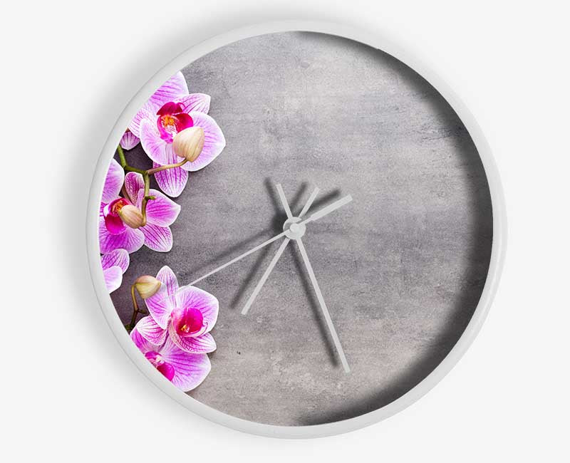 Pink Orchids on grey Clock - Wallart-Direct UK