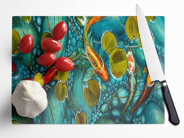 Koi fish pond painting Glass Chopping Board