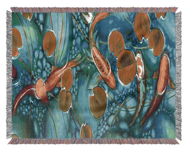 Koi fish pond painting Woven Blanket