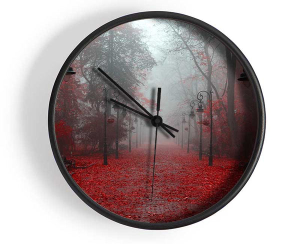 Red Autumn leaves streetlights Clock - Wallart-Direct UK