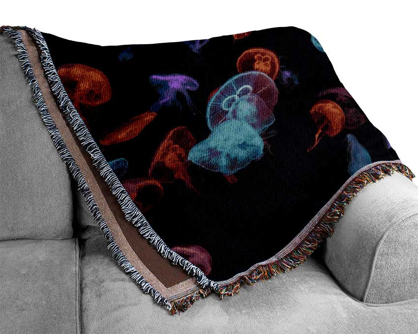 Neon Jellyfish frenzy Woven Blanket