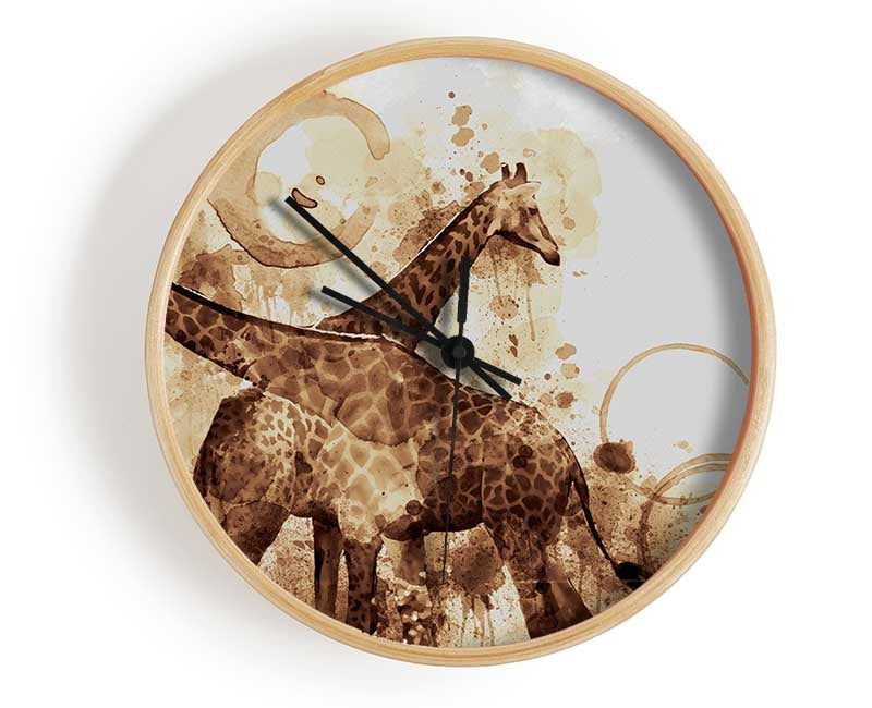 Brown watercolour tea stain giraffe Clock - Wallart-Direct UK