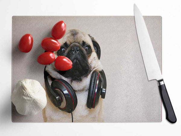 Cool pug wearing headphones Glass Chopping Board